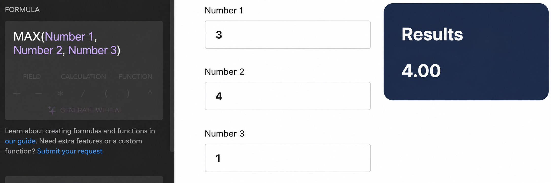 MAX formula in the Calculator editor and its result
