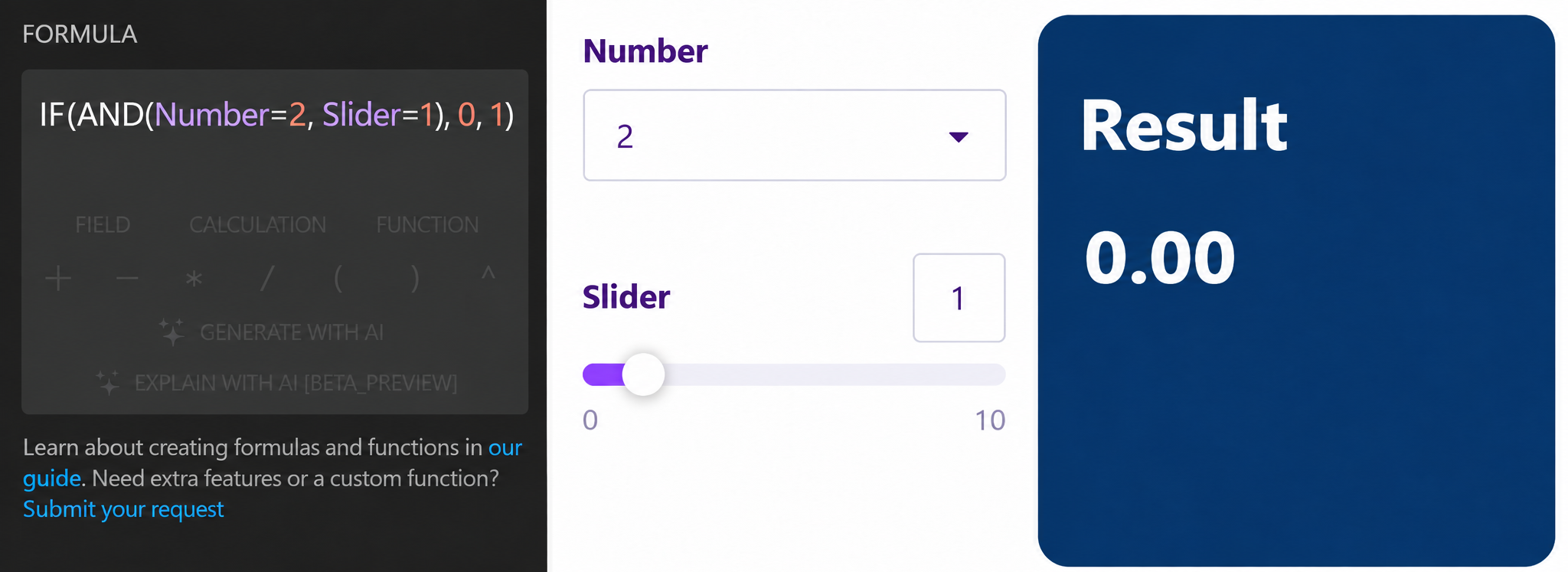 AND formula in the Calculator editor and its result