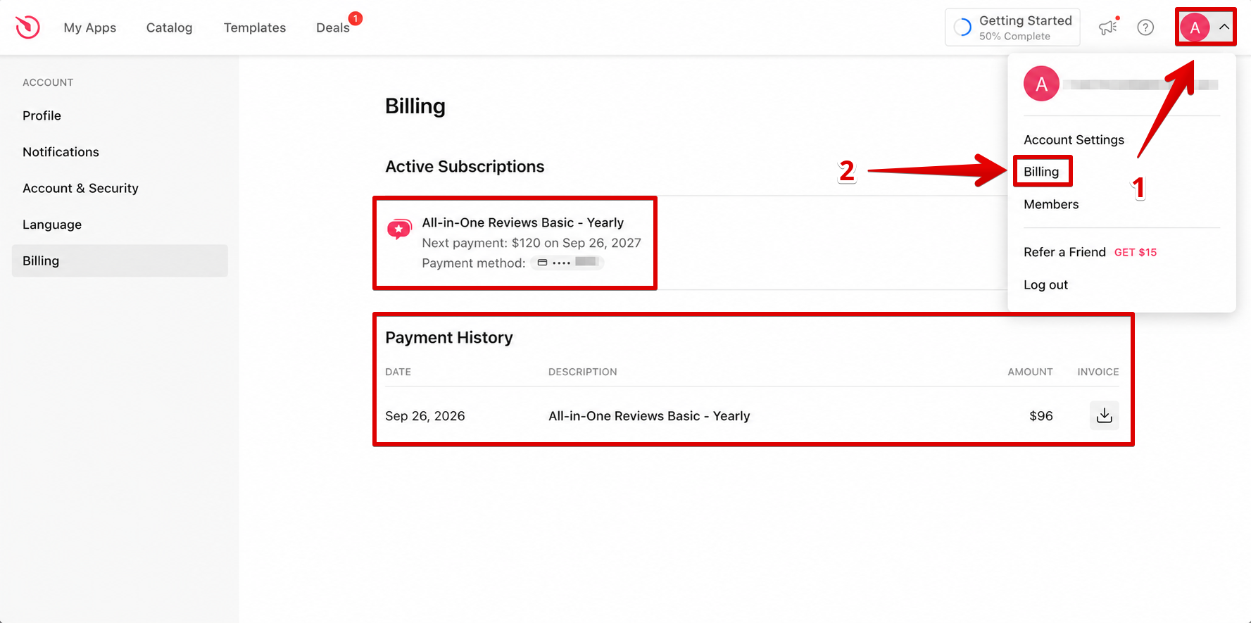 Billing tab in the Elfsight dashboard showing active subscriptions and payment history