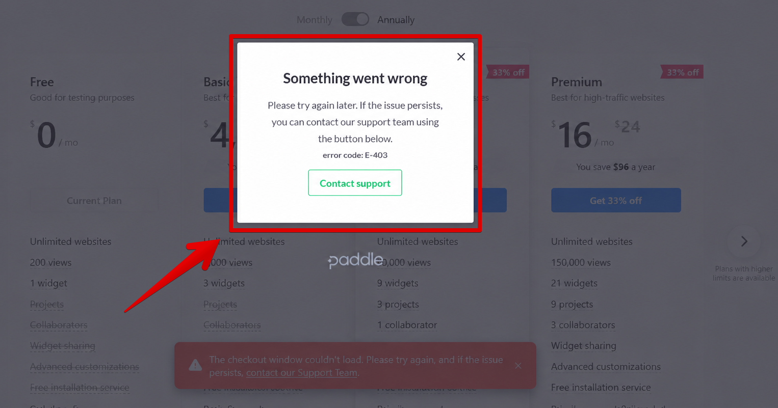 Paddle checkout error with code E-403