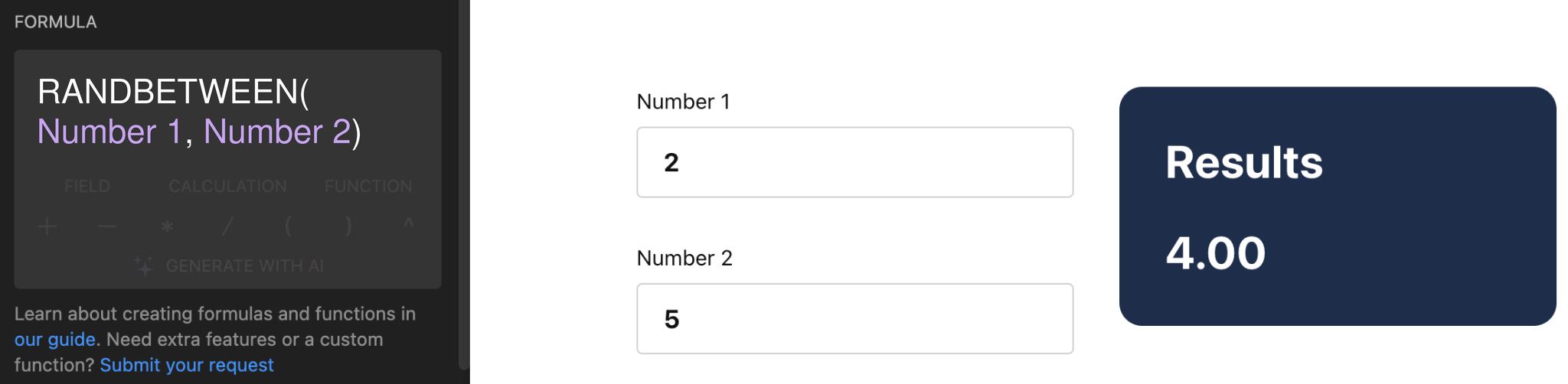 RANDBETWEEN formula in the Calculator editor and its result