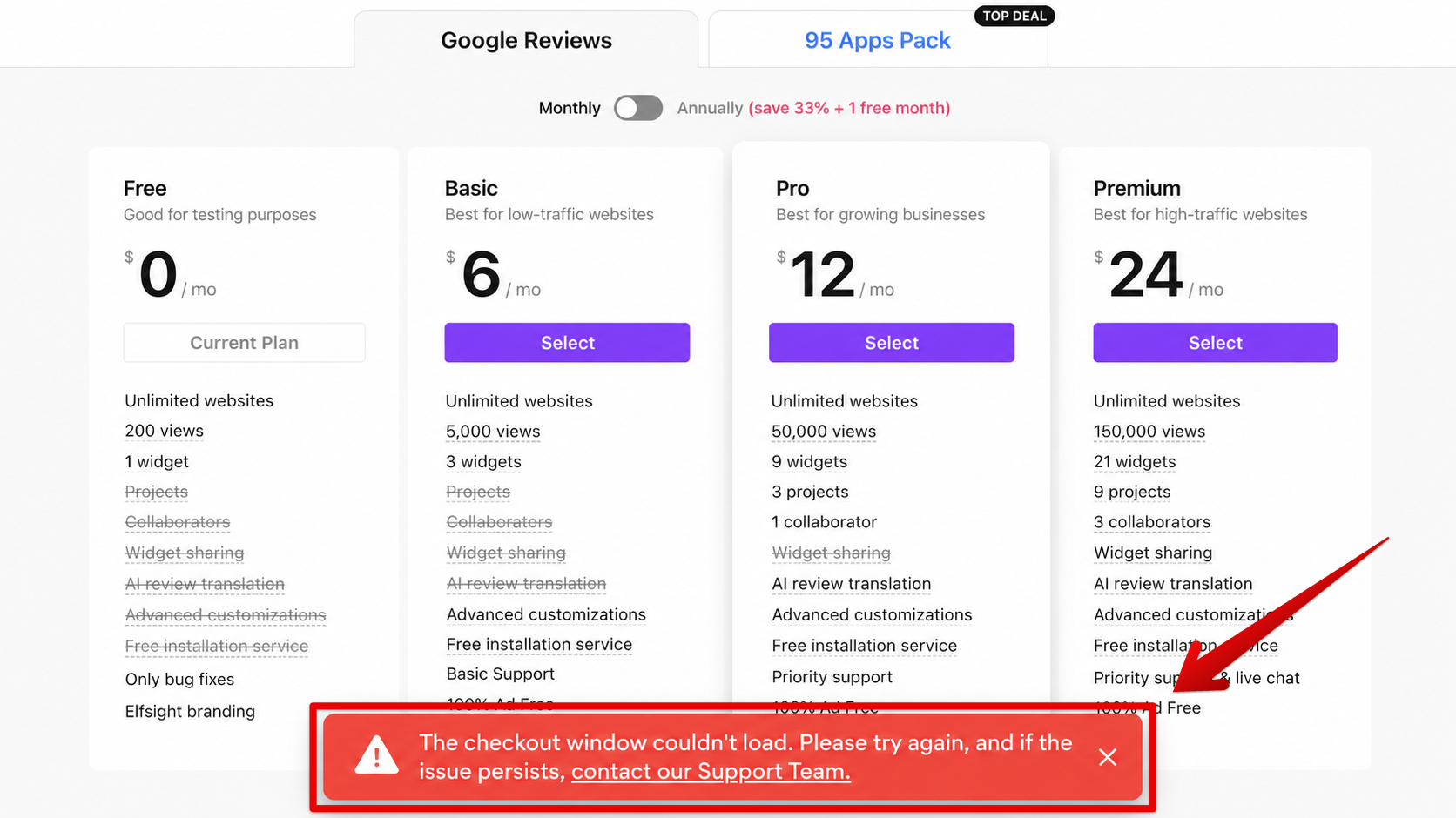 Checkout window could not load error on the Elfsight pricing page