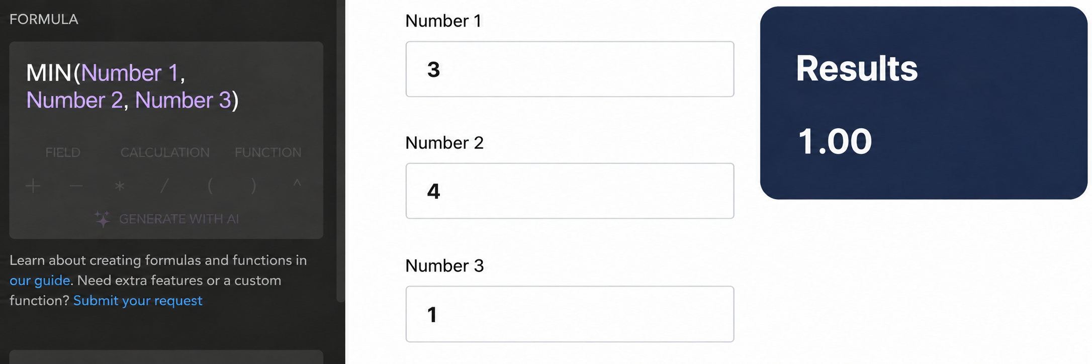 MIN formula in the Calculator editor and its result