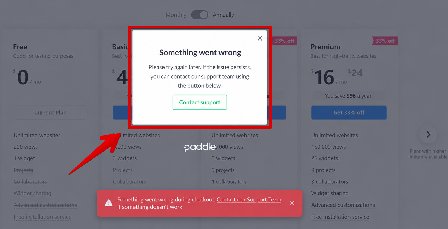 Something went wrong message without an error code