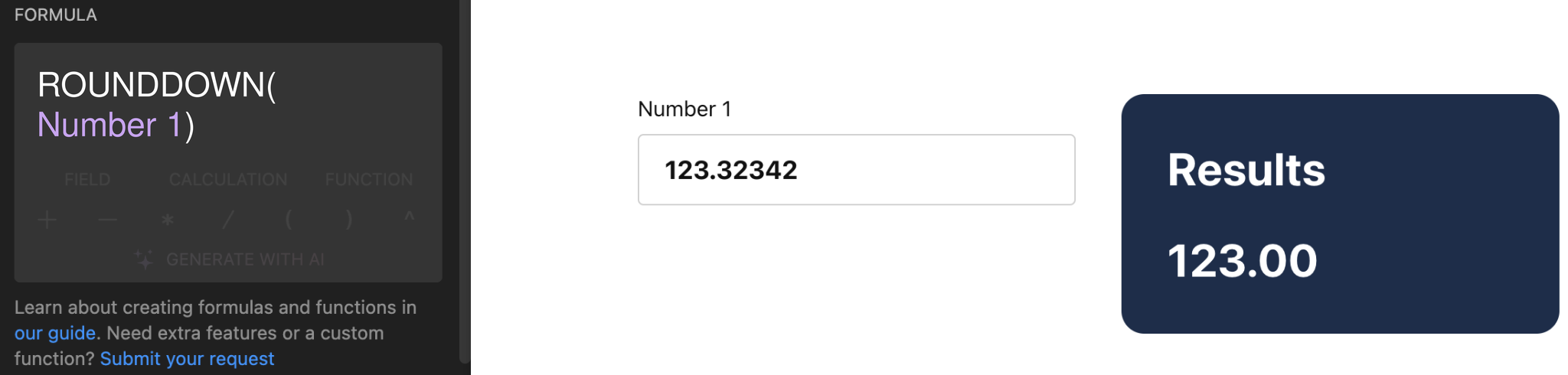 ROUNDDOWN formula in the Calculator editor and its result