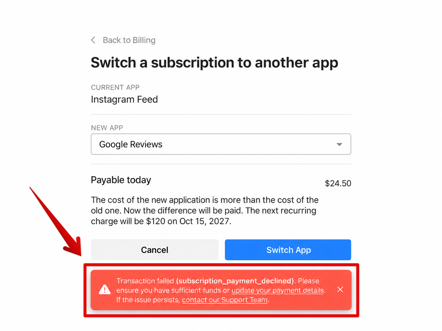 Transaction failed error when changing an Elfsight subscription