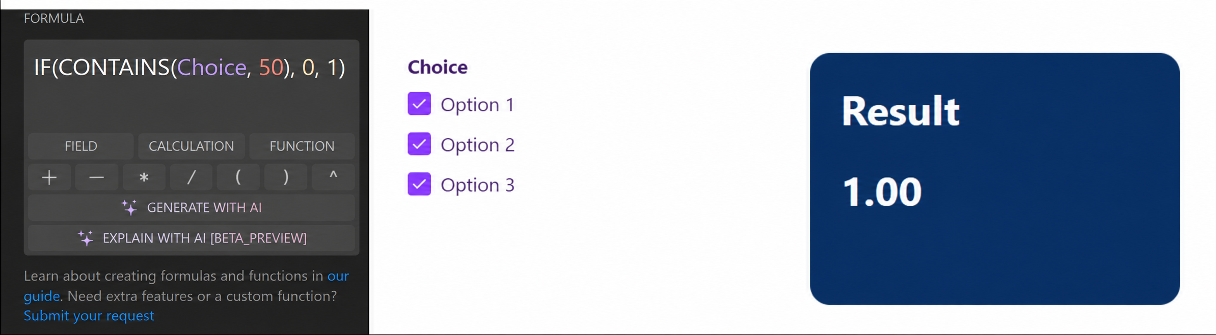 CONTAINS formula in the Calculator editor and its result