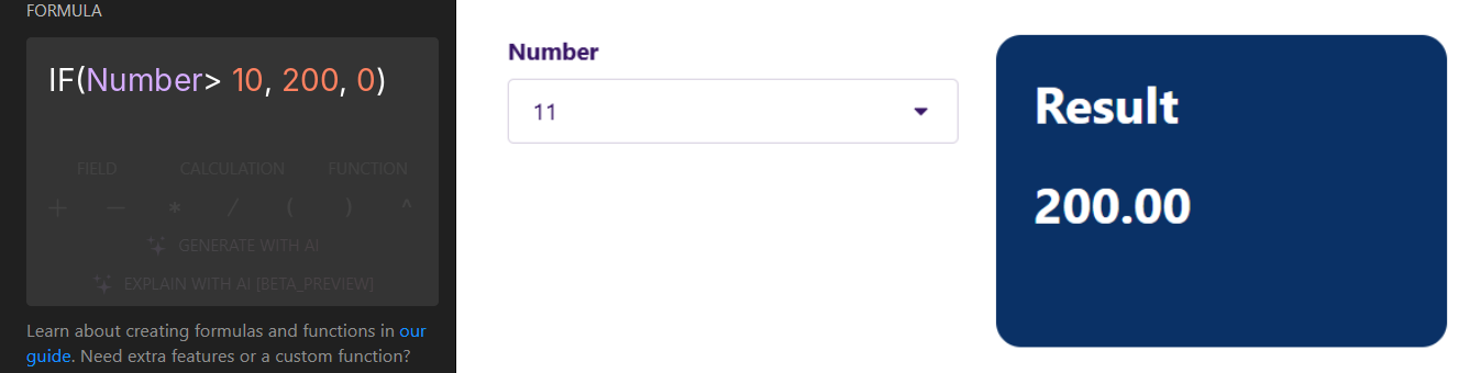 IF formula in the Calculator editor and its result