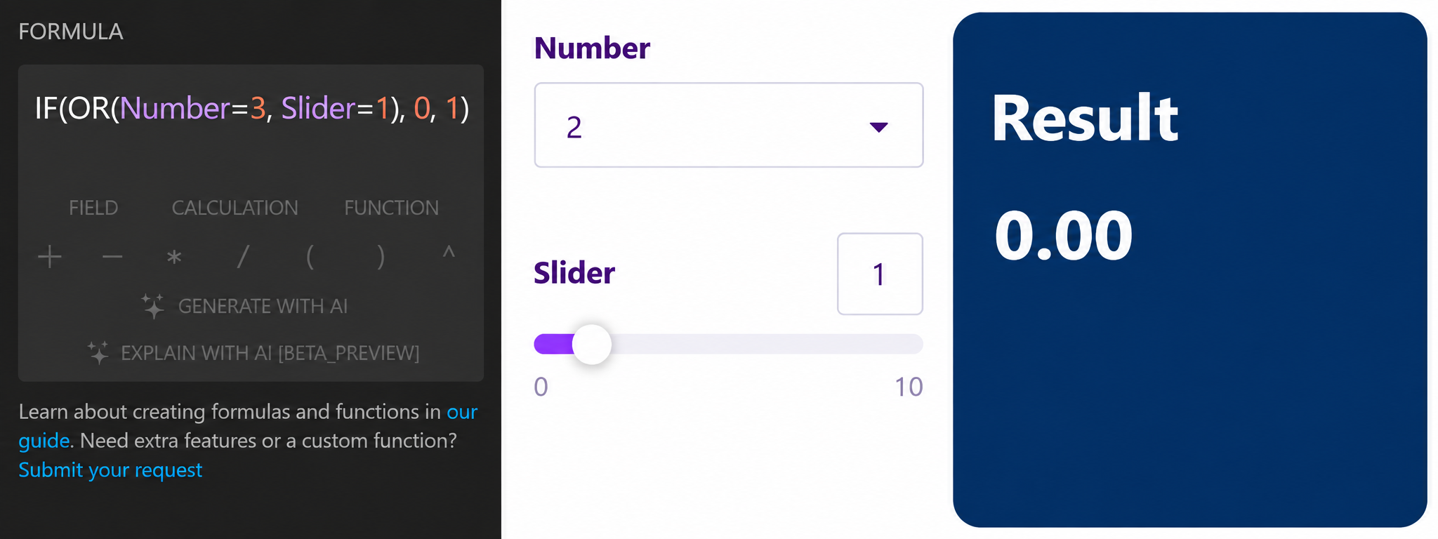 OR formula in the Calculator editor and its result
