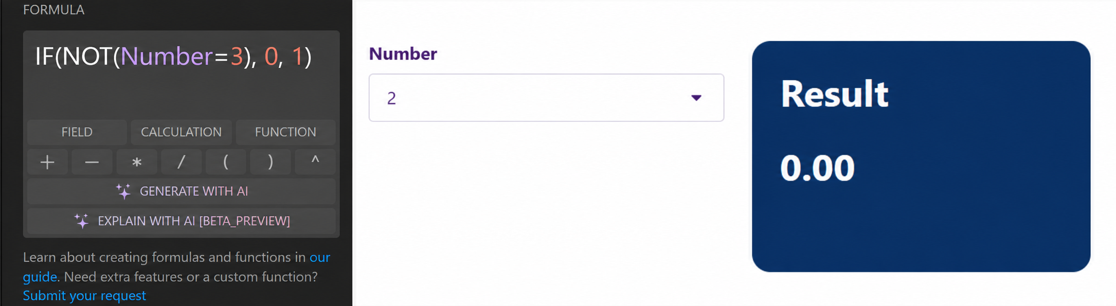 NOT formula in the Calculator editor and its result