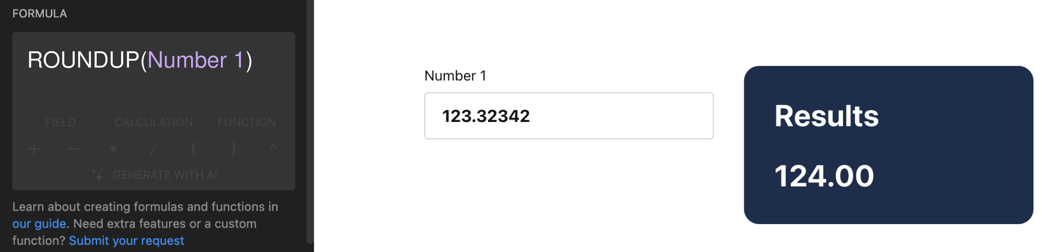 ROUNDUP formula in the Calculator editor and its result