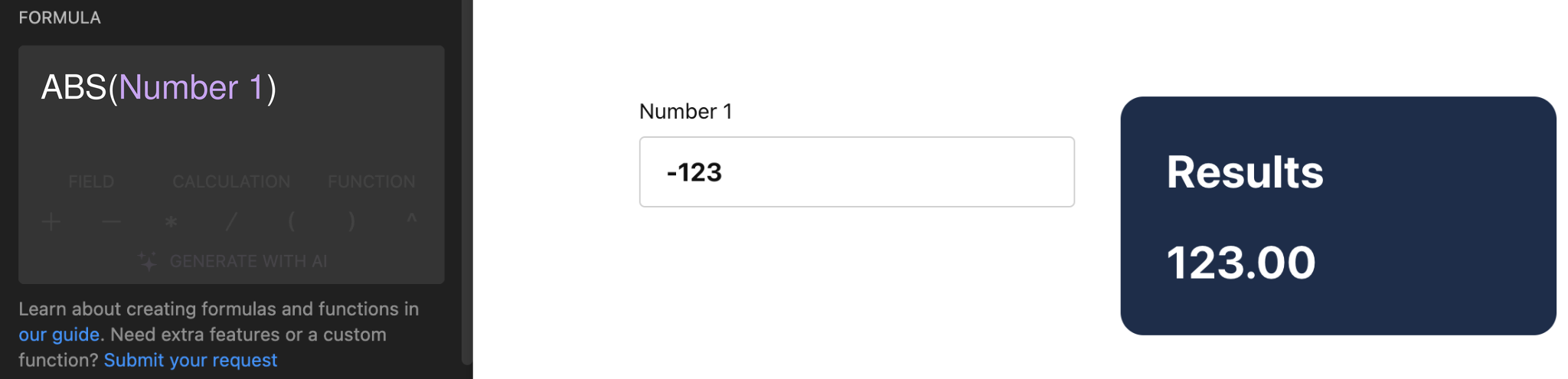 ABS formula in the Calculator editor and its result